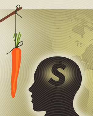 Carrot dangling in front of profile view of man.