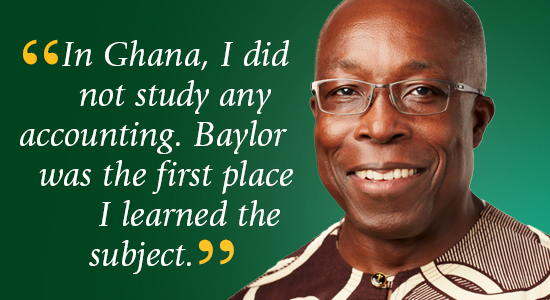 Eric Offei-Addo photo with quote about learning accounting at Baylor.