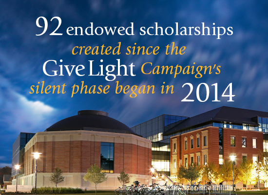 Foster School of Business and Innovation with text 92 endowed scholarships since 2014 beginning of Give Light campaign