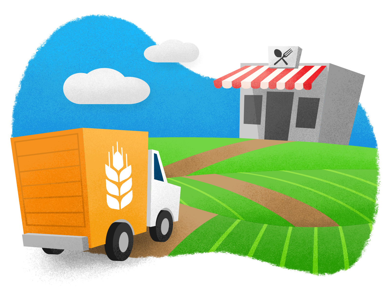 An illustration of a truck with a symbol of a wheat grain on the side driving on a road toward a restaurant building