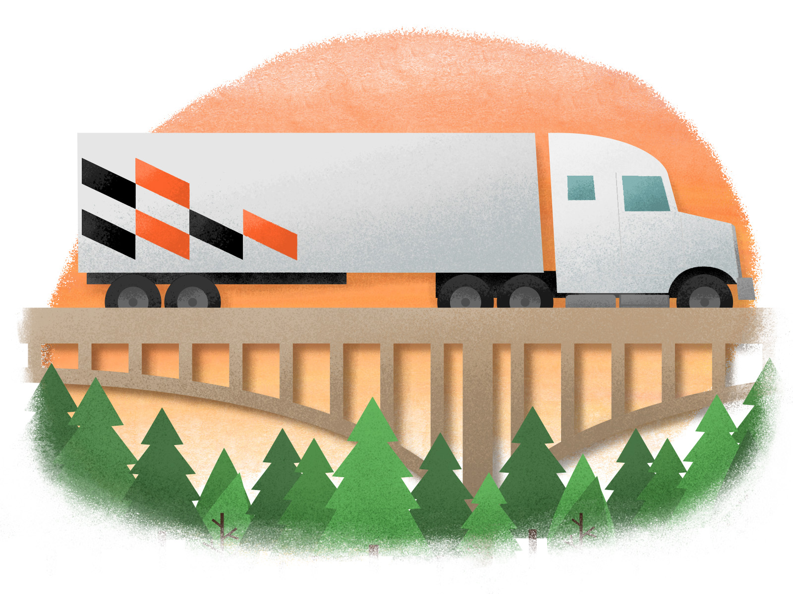 Illustration of an eighteen-wheeler driving over a bridge with pine trees below