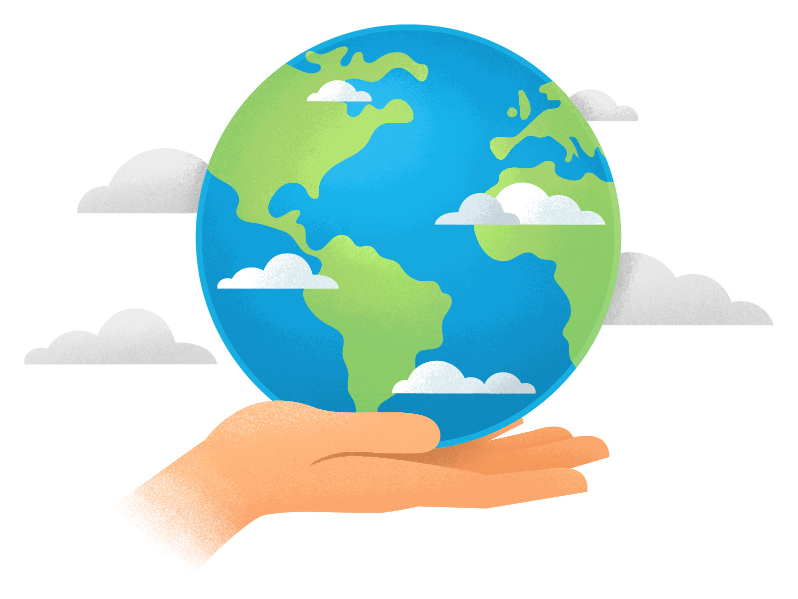 Illustration of a hand holding a globe with clouds around it