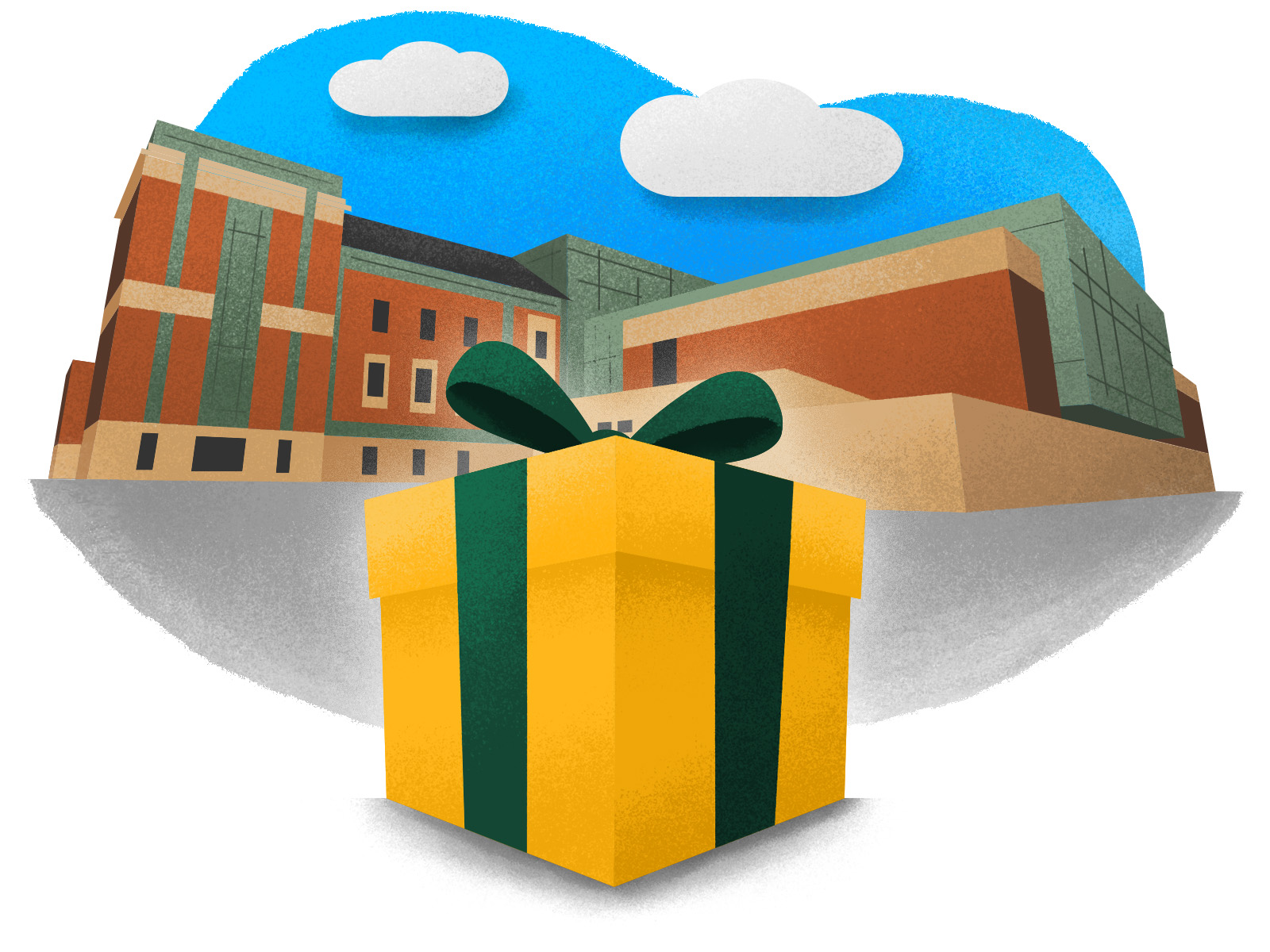 Illustration of a gold present with green ribbon tied into a bow, on the ground in front of the Hankamer School of Business Foster Campus building