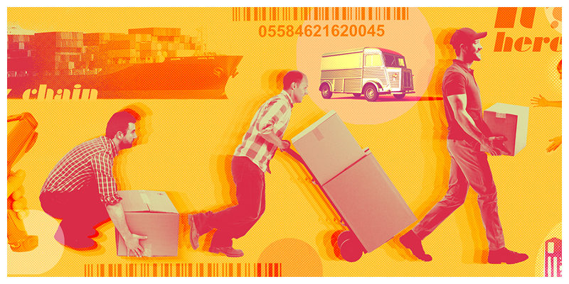 illustration of a man lifting a box, another man pushing boxes on a dolly, and a delivery man delivering a box