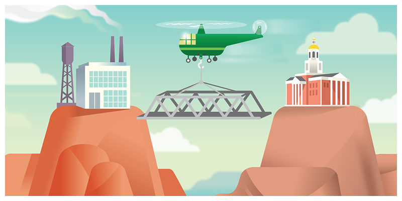 Illustration of a helicopter landing a bridge between a factory on a mountaintop and a university building on a mountaintop