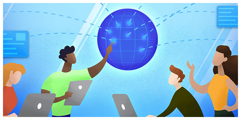 Illustration of a black man holding an iPad, touching a spherical "internet" with other people watching and typing on Macbooks.