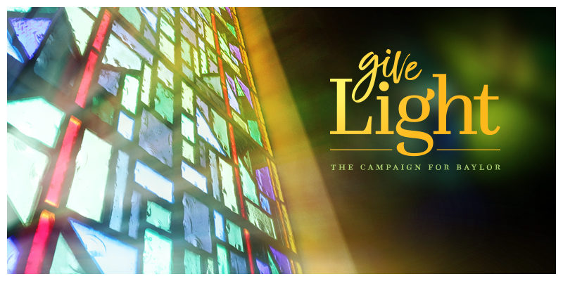 Spring 2021 Give Light Campaign image over stained glass window