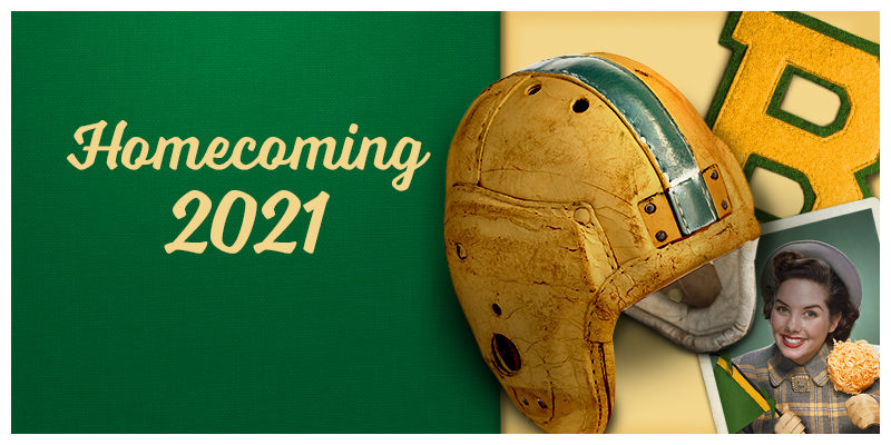 Old leather football helmet with "Homecoming 2021" written next to it