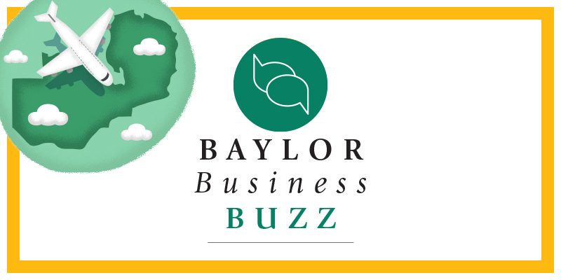 Baylor Business Buzz with graphic illustration of plane flying over landmass and clouds