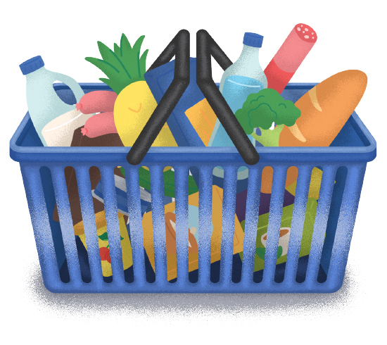 Graphic illustration of shopping basket filled with groceries