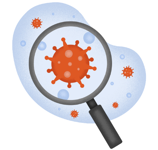 Graphic illustration of magnifying glass and magnified germ